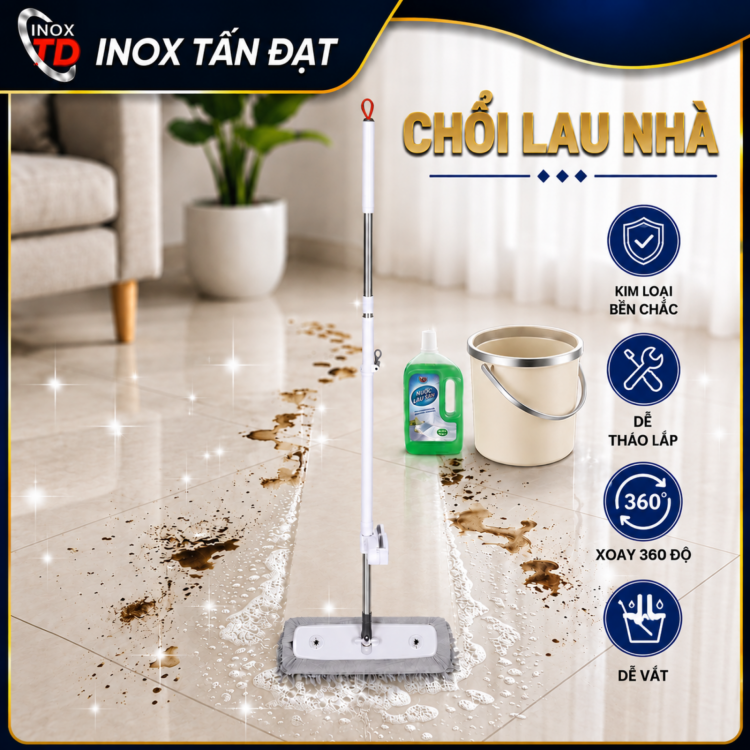 Chổi Lau Nhà Tự Vắt 360° Cán Kim Loại Chắc Chắn Đầu Lau 45cm